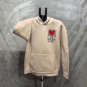 Mens Keith Haring Heart Graphic‎ Hoodie Sweatshirt Pullover Cream Size Medium